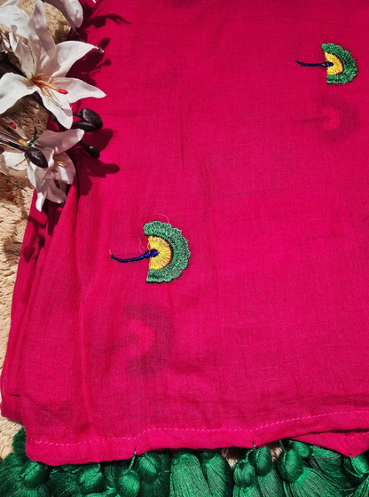 Magenta Mul Cotton Saree with Hand-Embroidered Motifs & Tassel Finish