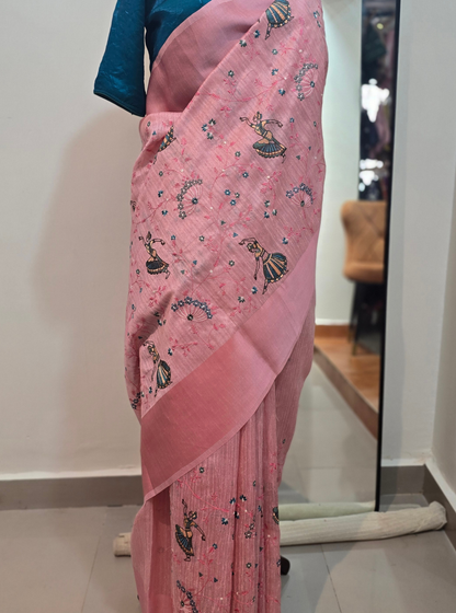 Blush Pink Tussar Silk Saree with Artistic Embroidery Motifs