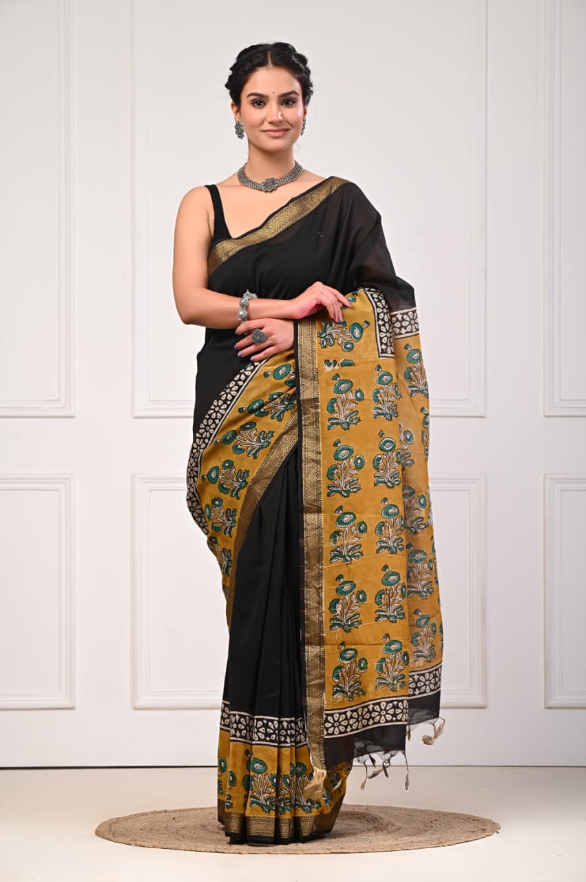 Black Maheshwari Silk Ajrakh Saree – Mustard Pallu & Floral Border