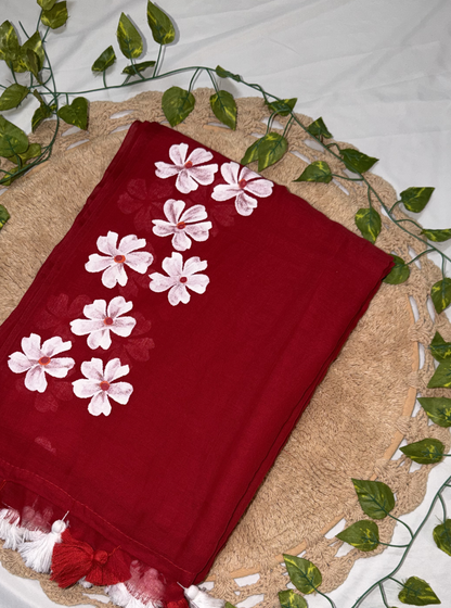 Vibrant Red Hand-Painted Mul Cotton Saree with Floral Motifs