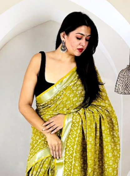 Mustard Yellow Hand-Printed Linen Cotton Saree with Silver Border