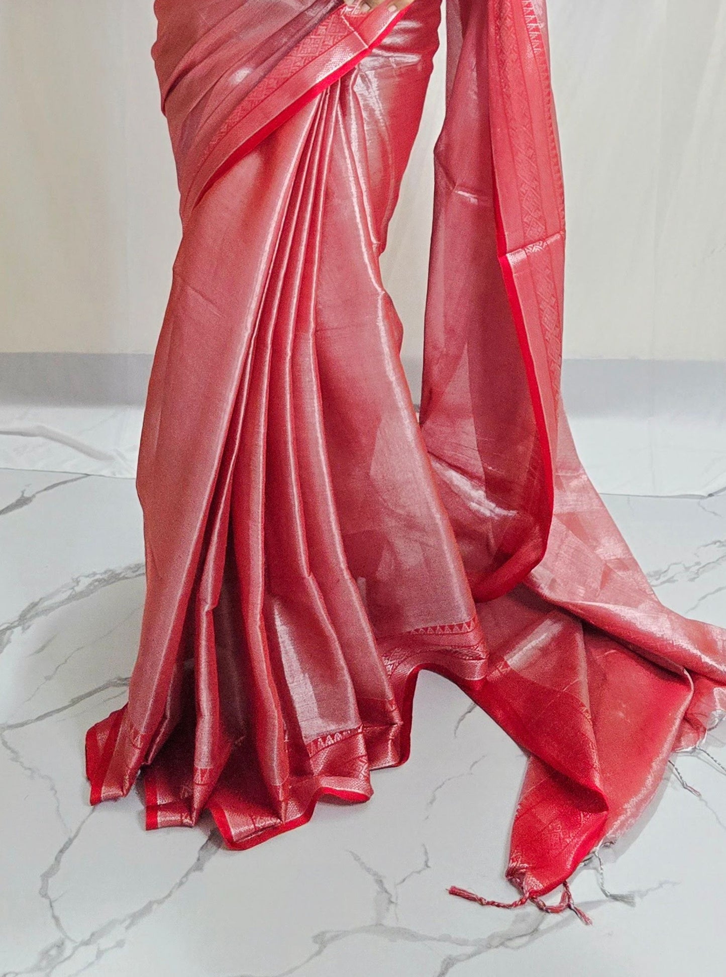 Blush Pink Tissue Cotton Saree with Subtle Zari Border & Soft Sheen