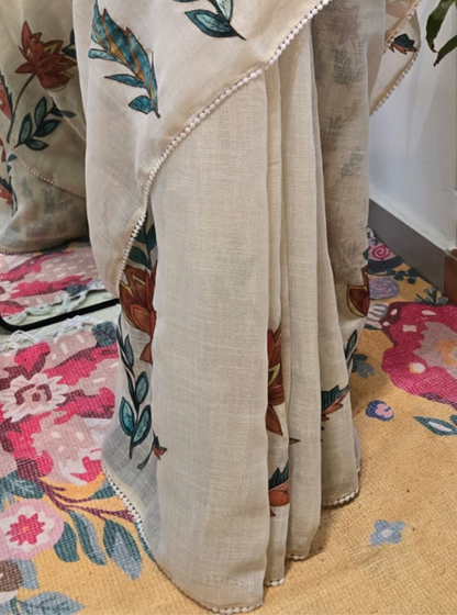Ivory Linen Tissue Saree with Patchwork Floral Design & Elegant Finish