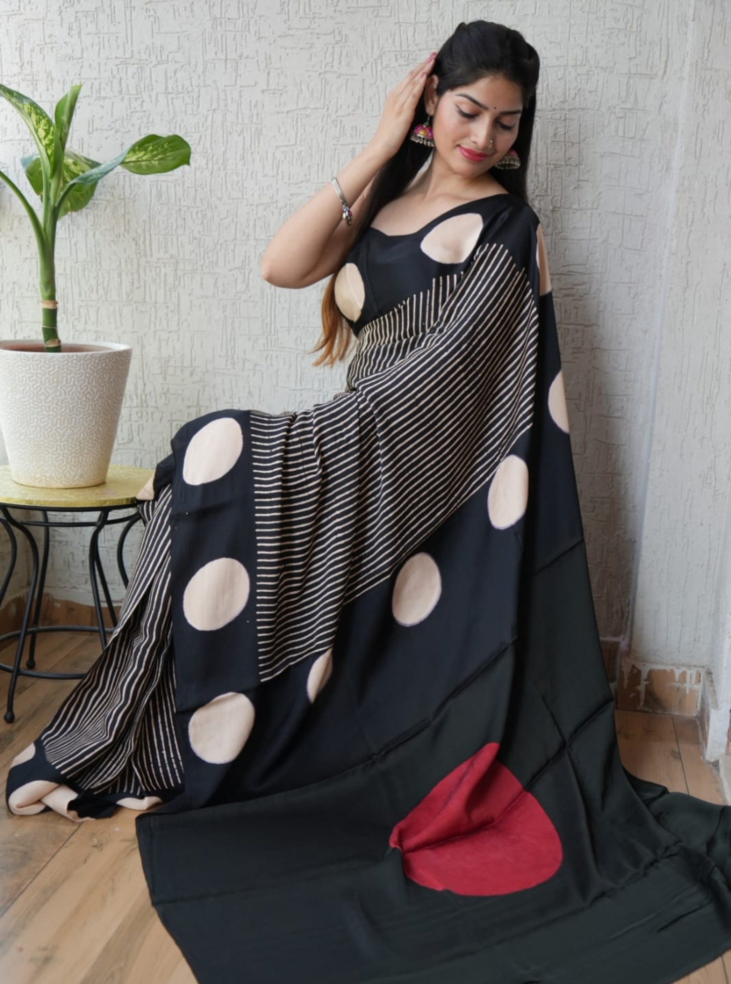 Bold Geometry Modal Silk Ajrakh Saree with Hand-Blocked Polka & Stripe Motifs