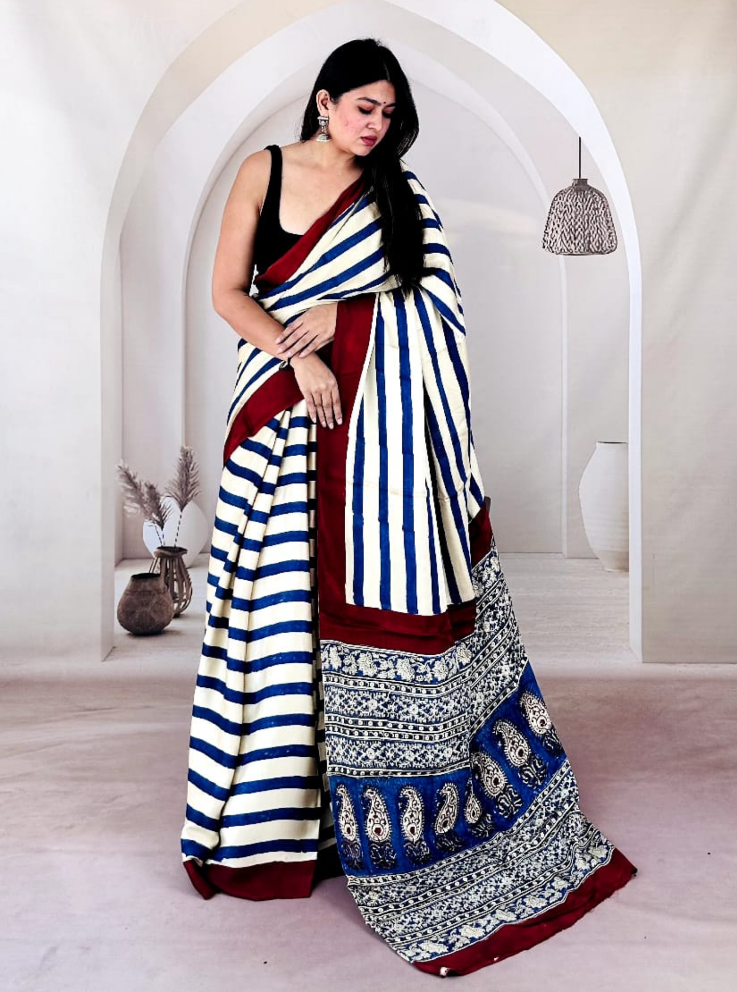 Cream & Blue Modal Silk Saree with Stripes & Ajrakh-Inspired Pallu