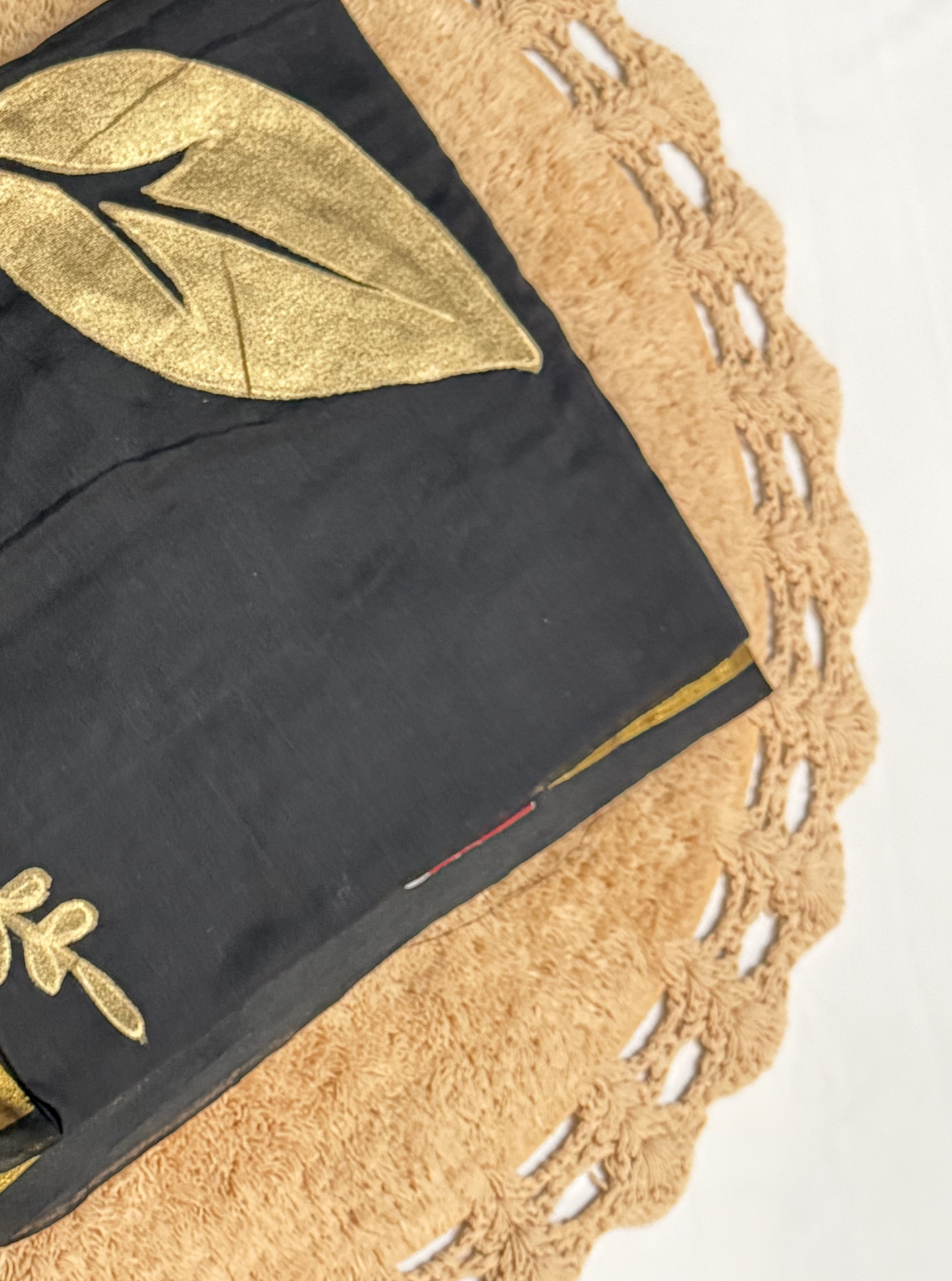 Midnight Black Mul Cotton Saree with Golden Leaf Design & Tassels