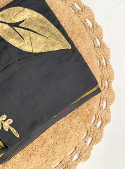 Midnight Black Mul Cotton Saree with Golden Leaf Design & Tassels