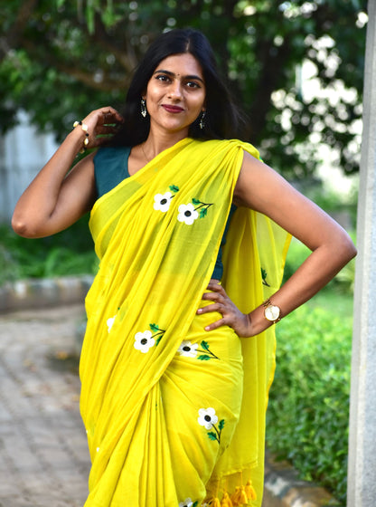 Sunshine Yellow Mul Cotton Saree with Delicate Floral Embroidery
