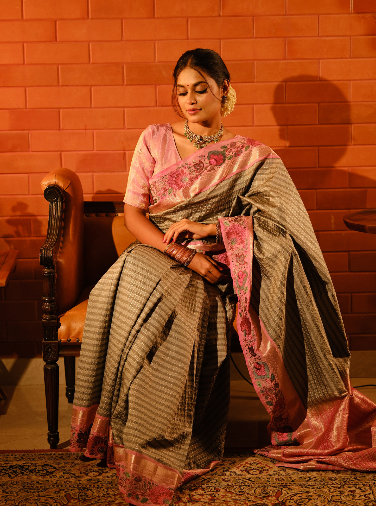 Elegant Grey Designer Silk Saree with Pink Embroidered Border