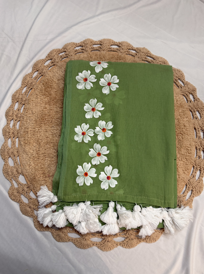 Elegant Olive Green Hand-Painted Mul Cotton Saree with Floral Motifs & White Tassels