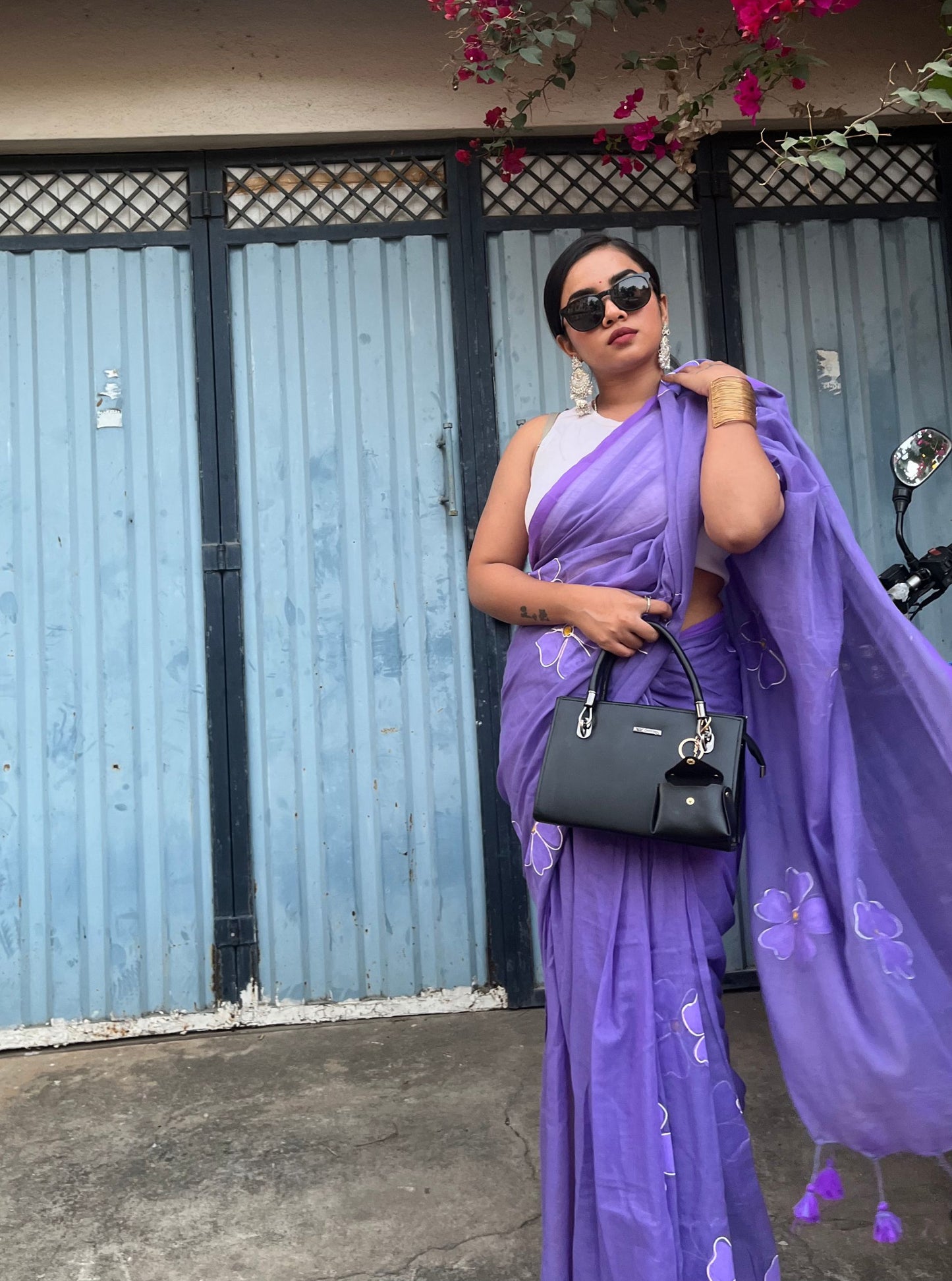 Lavender Mul Cotton Saree with Minimal Floral Handwork