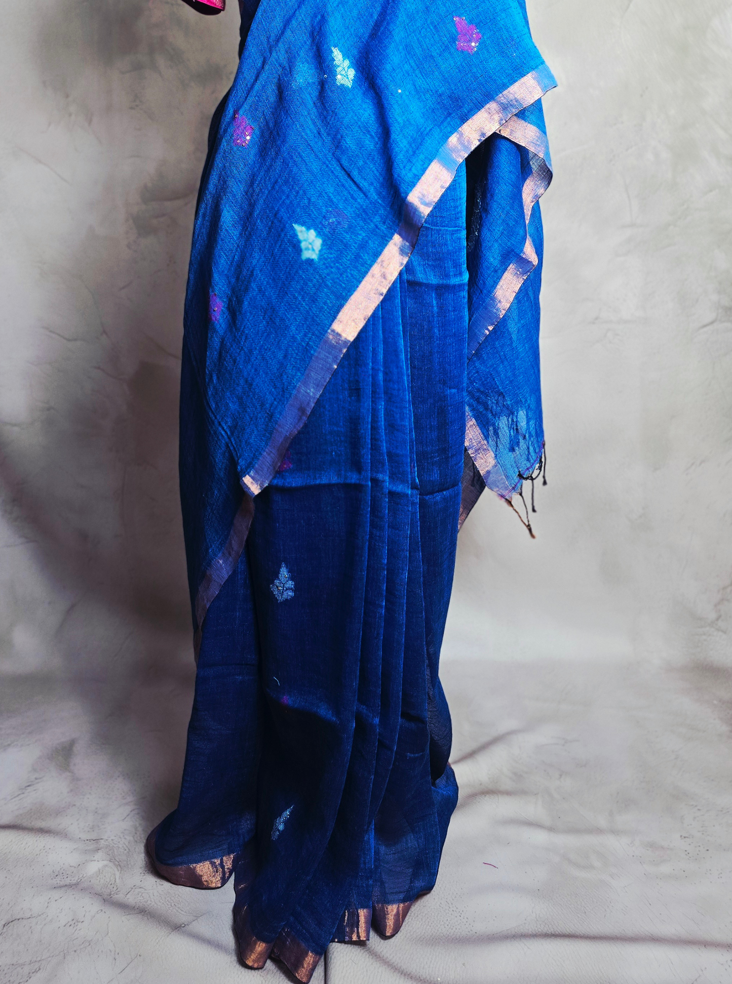 Royal Blue Linen Cotton Saree with Subtle Motifs