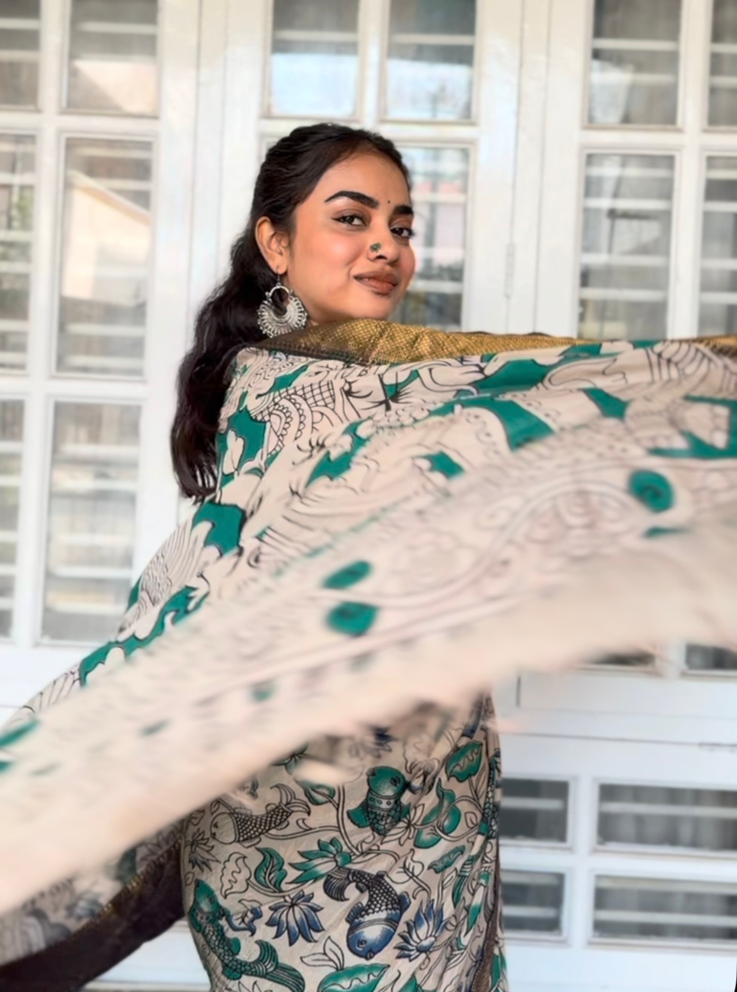 Hand-Blocked Kalamkari Saree with Traditional Fish & Floral Motifs