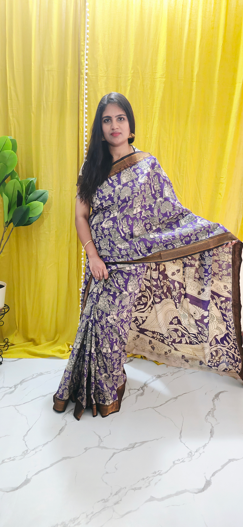 Elegant Purple Kalamkari Mangalagiri Silk Saree with Nizam Border and Hand Block Design