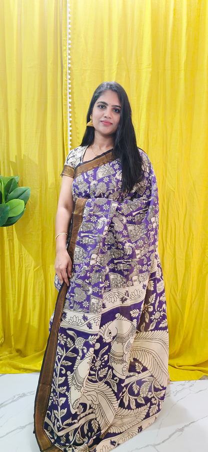 Elegant Purple Kalamkari Mangalagiri Silk Saree with Nizam Border and Hand Block Design