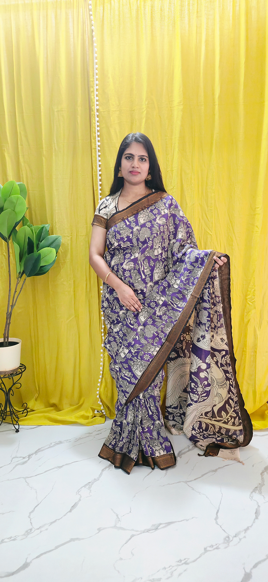 Elegant Purple Kalamkari Mangalagiri Silk Saree with Nizam Border and Hand Block Design