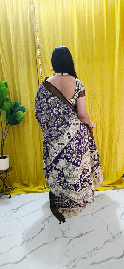 Elegant Purple Kalamkari Mangalagiri Silk Saree with Nizam Border and Hand Block Design