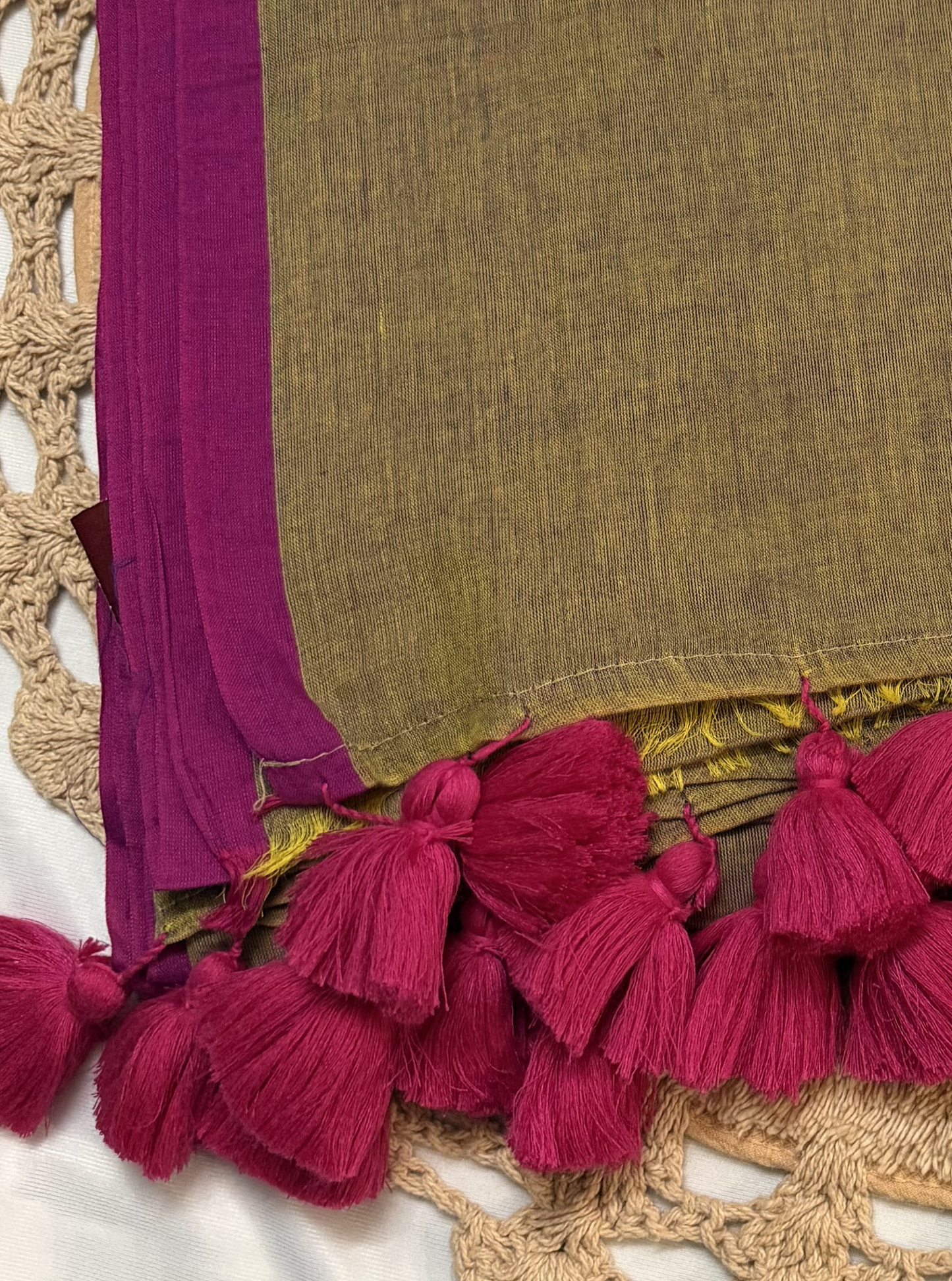 Olive Mul Cotton Saree with Magenta Border & Tassel Detailing