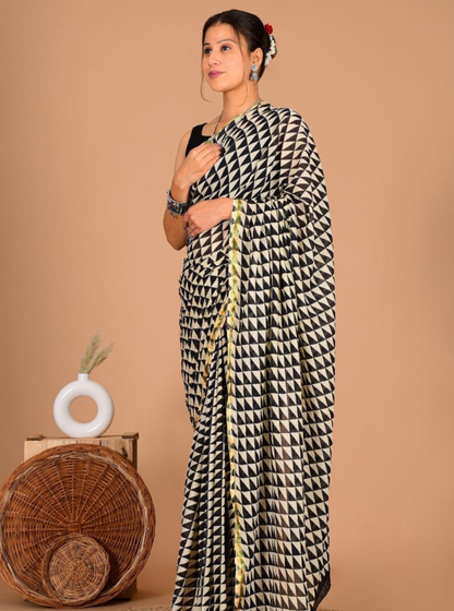 Black & Ivory Geometric Cotton Zari Saree