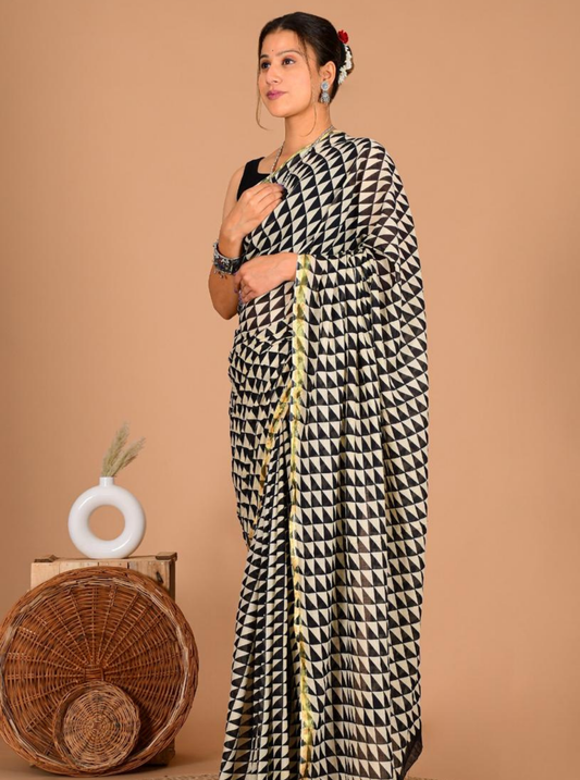 Black & Ivory Geometric Cotton Zari Saree