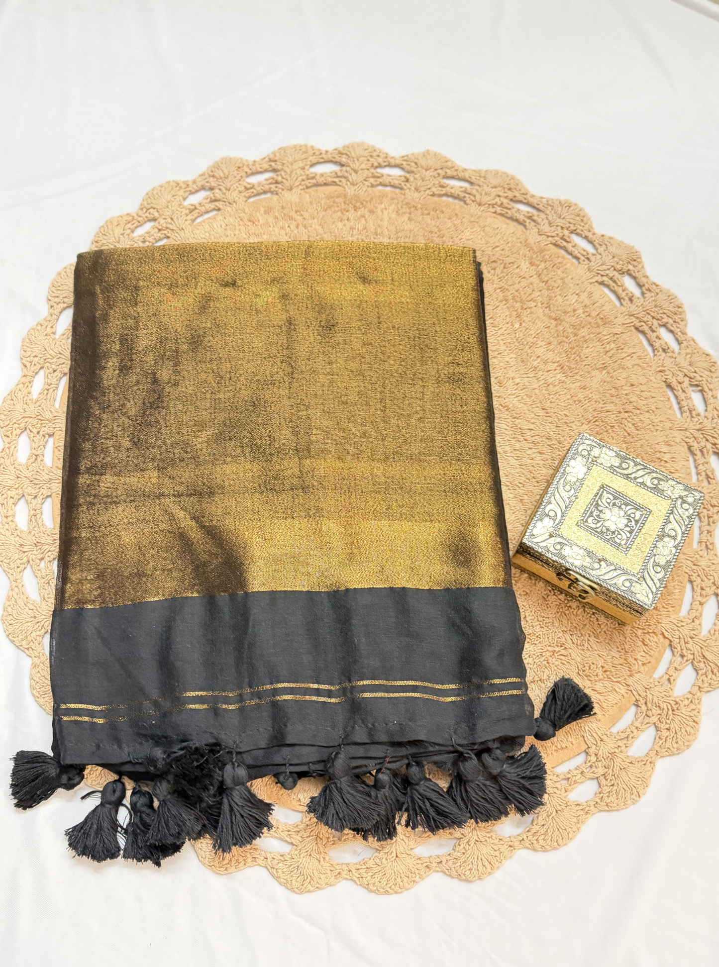 Midnight Black Mul Cotton Saree with Gold Tissue Pallu & Tassels