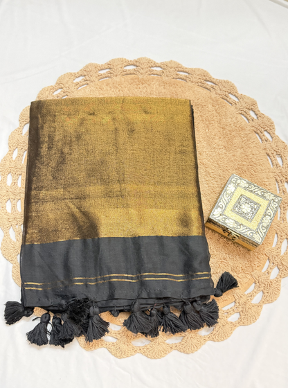 Midnight Black Mul Cotton Saree with Gold Tissue Pallu & Tassels