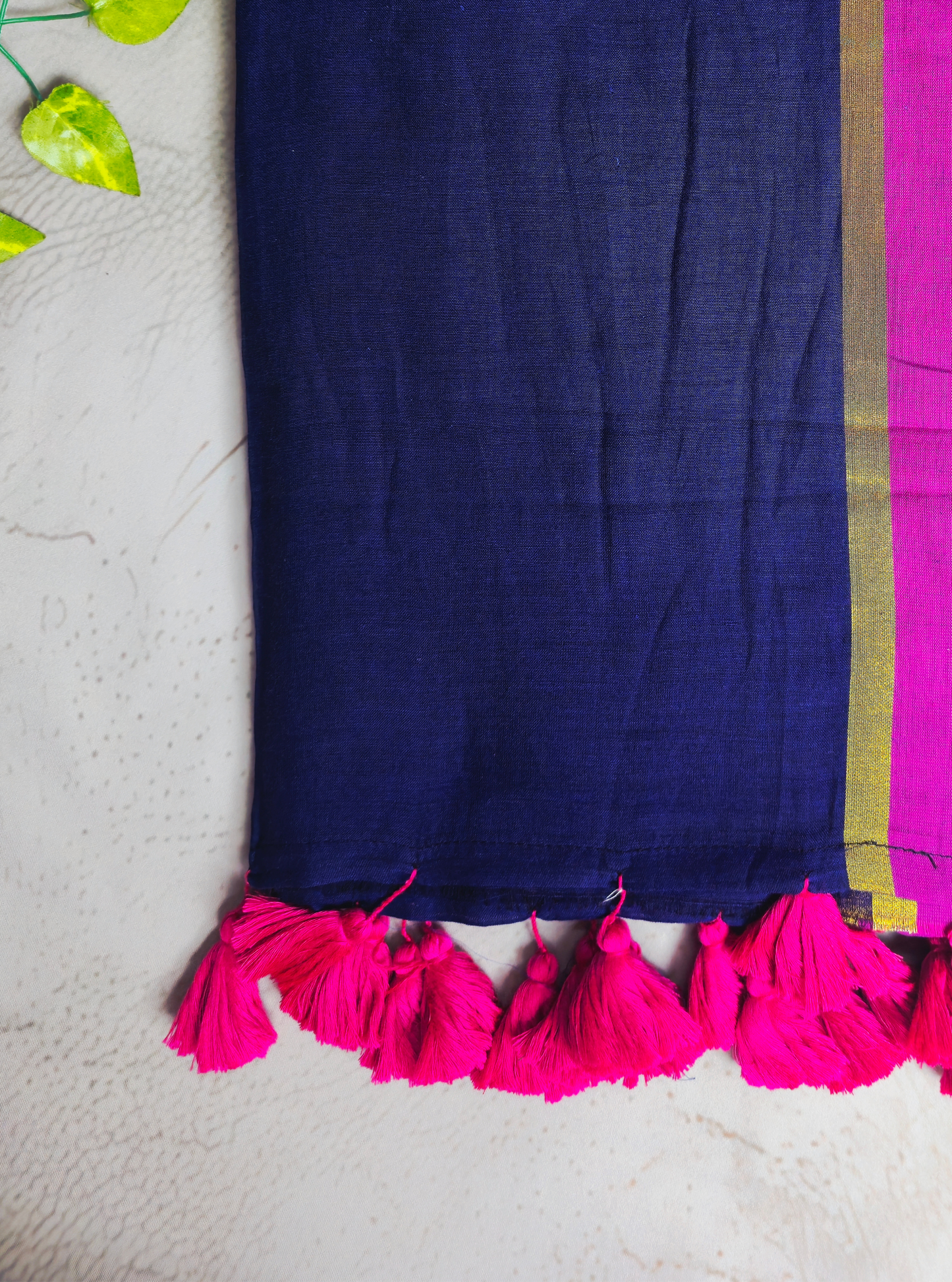 Classic Navy Blue Mul Cotton Saree with Contrast Pink Border & Tassel Pallu