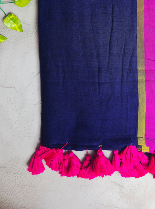 Classic Navy Blue Mul Cotton Saree with Contrast Pink Border & Tassel Pallu