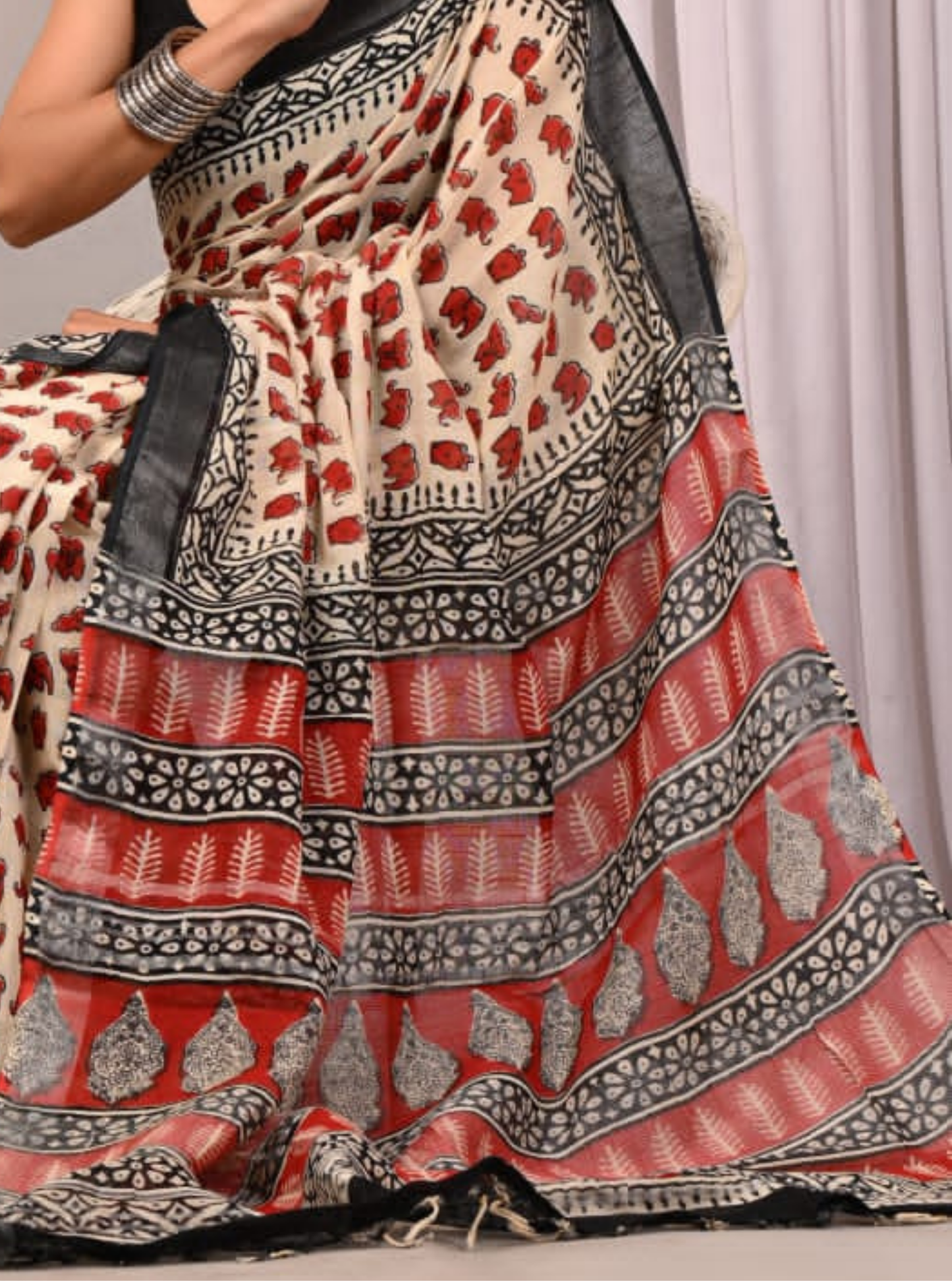 Cream & Rust Bagru Print Cotton Saree with Elephant Motifs