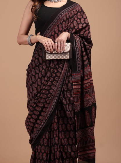 Black & Maroon Cotton Ajrakh Saree with Classic Paisley Motifs