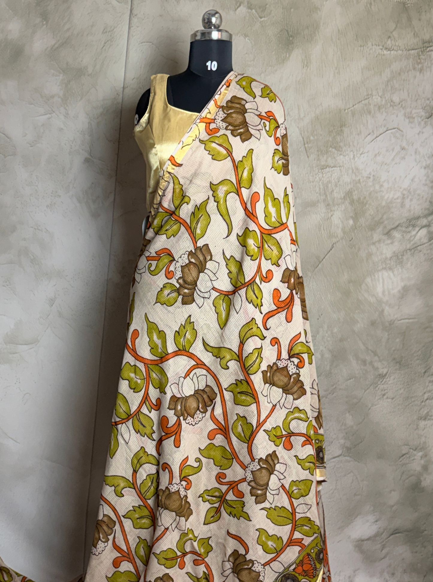 Ivory Kota Cotton Saree with Floral Vine Motifs & Olive Border