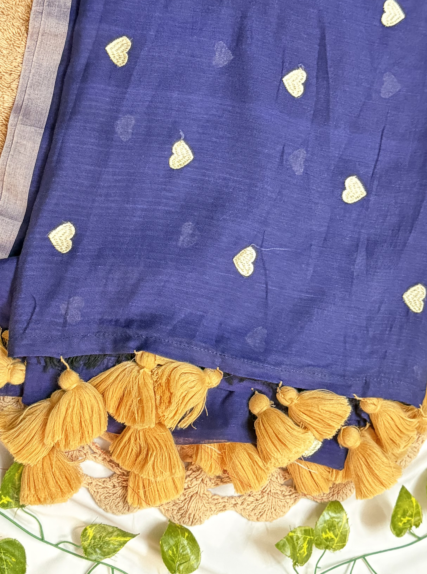 Indigo Blue Mul Cotton Saree with Gold Heart Motifs & Tassels