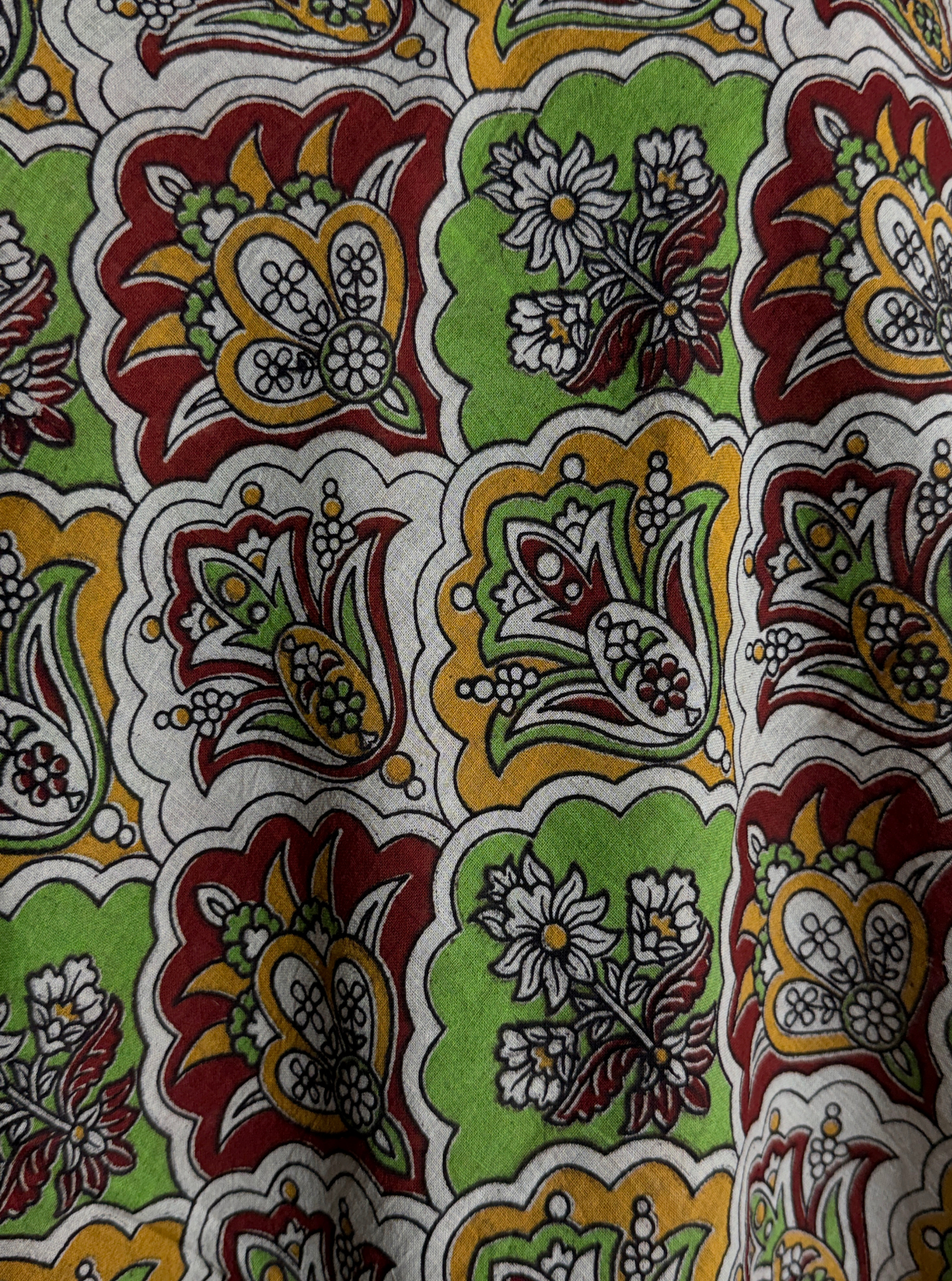 Ivory Cotton Kalamkari Saree with Floral Buta Prints & Green Border