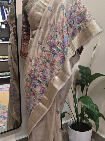 Elegant Beige Tissue Saree with Multicolor Floral Embroidery