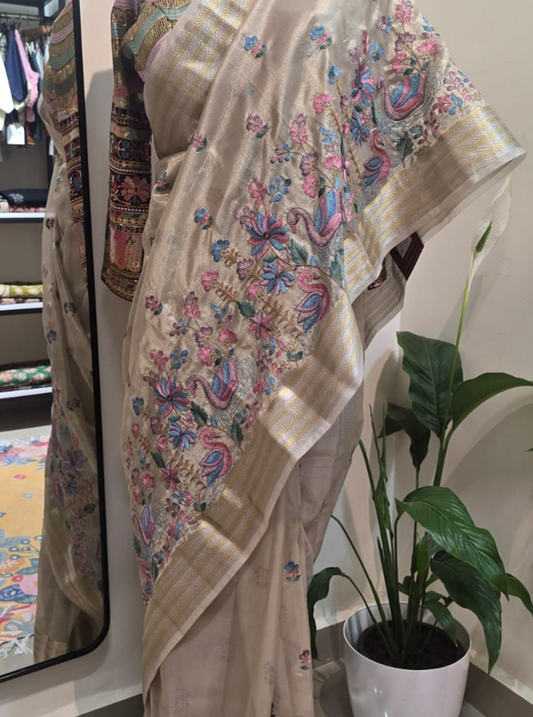 Elegant Beige Tissue Saree with Multicolor Floral Embroidery