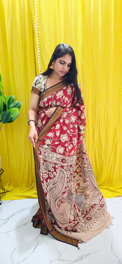 Graceful Red Lotus Design Kalamkari Mangalagiri Silk Saree with Nizam Border and Hand Block Design