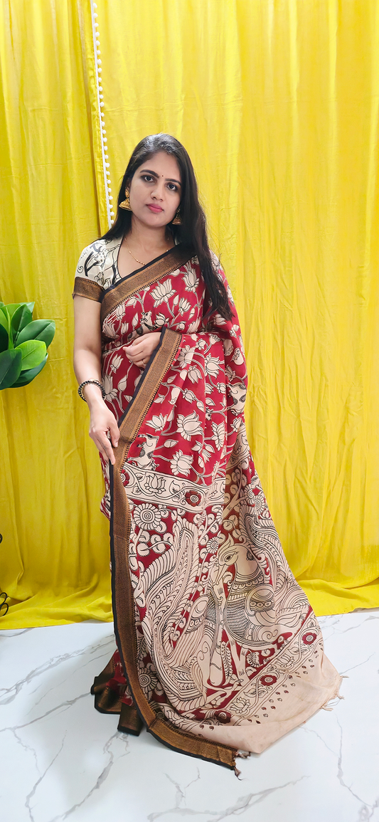 Graceful Red Lotus Design Kalamkari Mangalagiri Silk Saree with Nizam Border and Hand Block Design