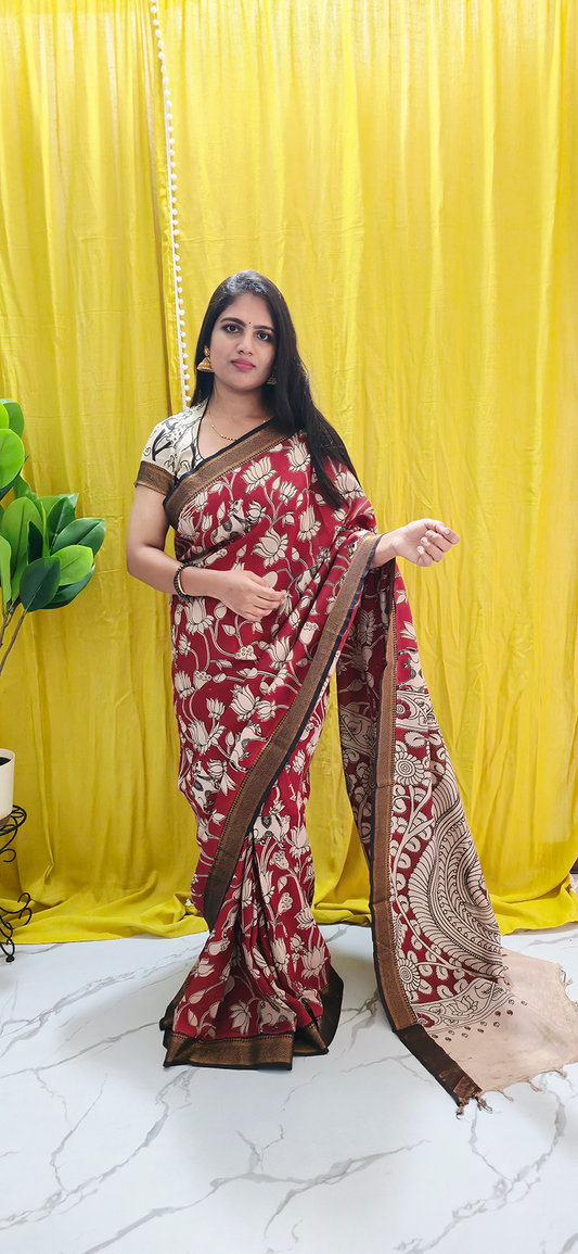 Graceful Red Lotus Design Kalamkari Mangalagiri Silk Saree with Nizam Border and Hand Block Design