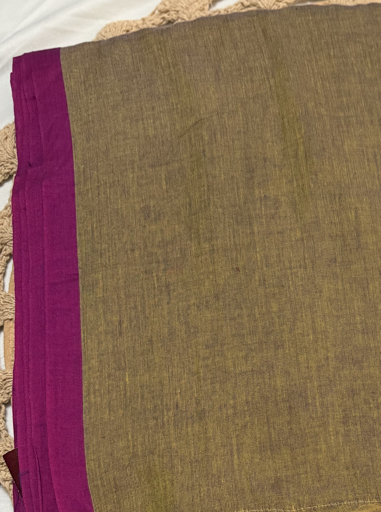 Olive Mul Cotton Saree with Magenta Border & Tassel Detailing