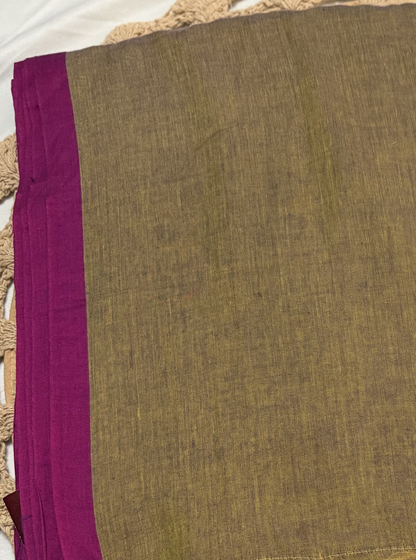 Olive Mul Cotton Saree with Magenta Border & Tassel Detailing