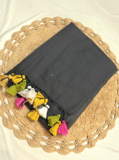 Midnight Black Mul Cotton Saree with Multicolor Tassel Pallu