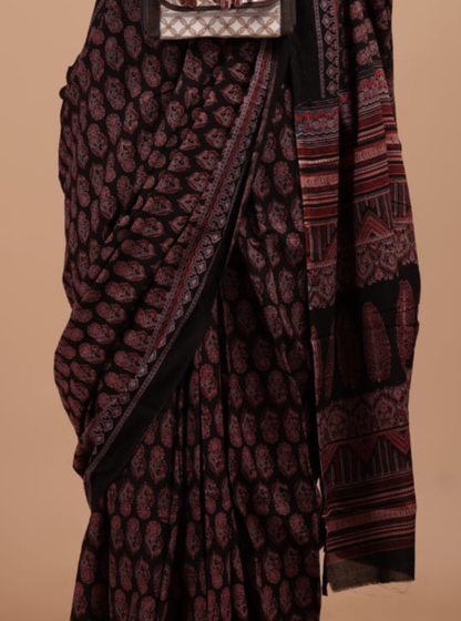 Black & Maroon Cotton Ajrakh Saree with Classic Paisley Motifs
