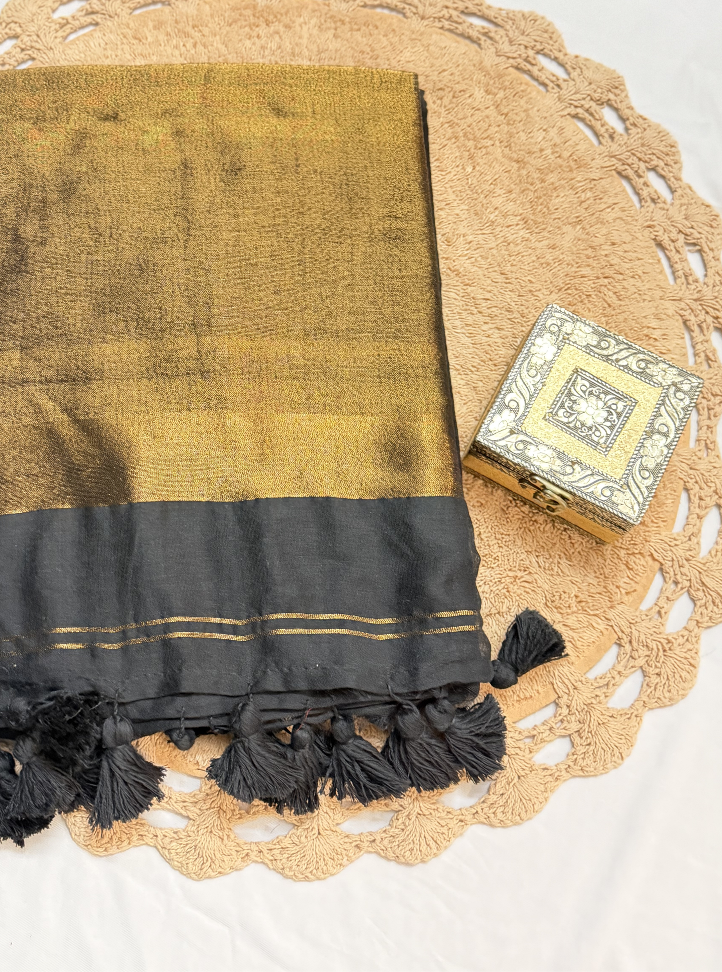 Midnight Black Mul Cotton Saree with Gold Tissue Pallu & Tassels