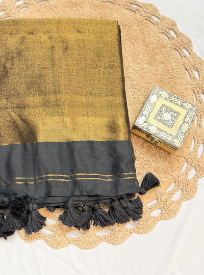 Midnight Black Mul Cotton Saree with Gold Tissue Pallu & Tassels