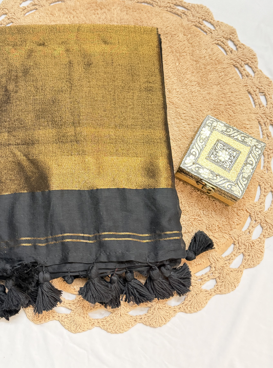Midnight Black Mul Cotton Saree with Gold Tissue Pallu & Tassels