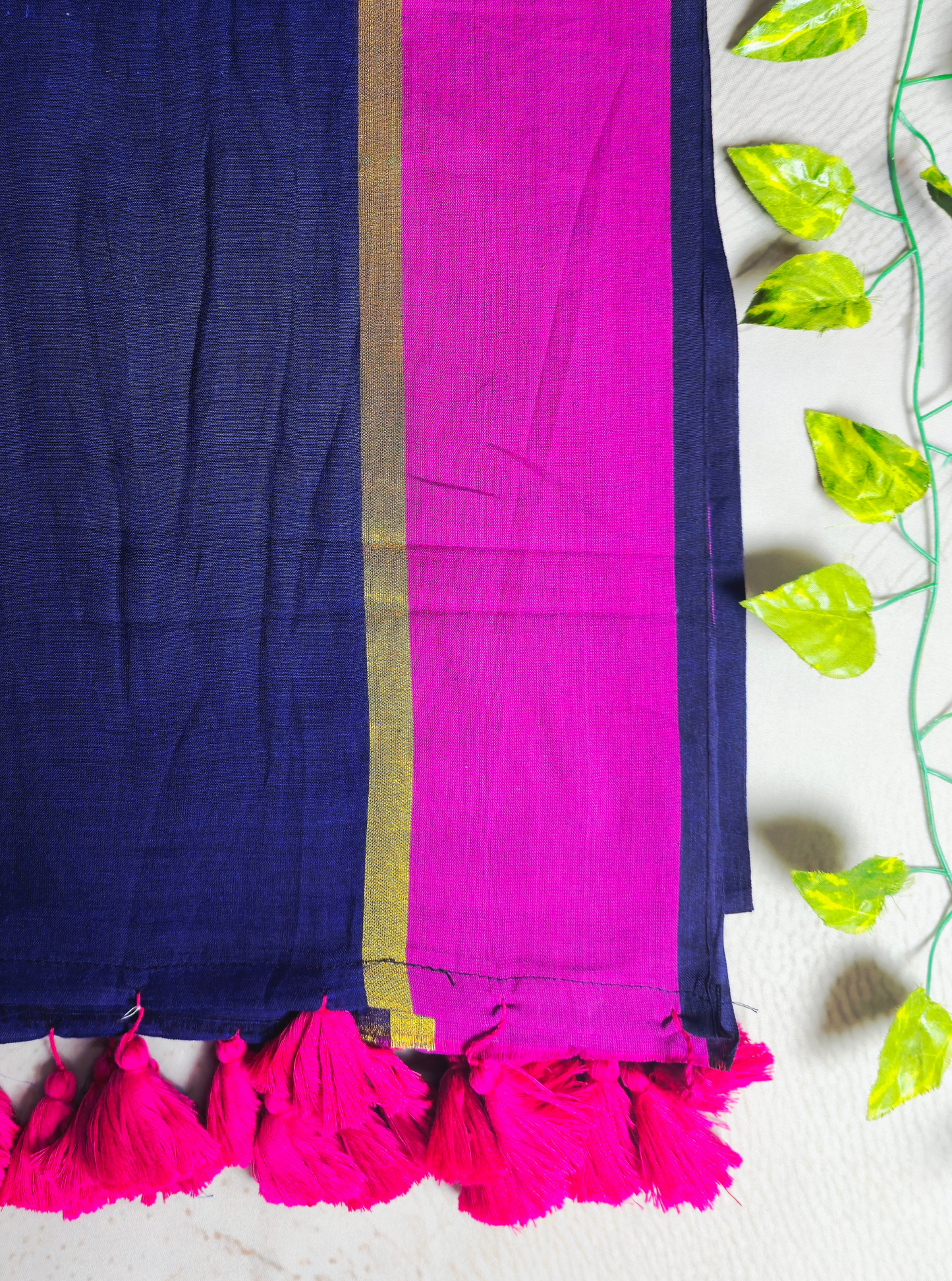 Classic Navy Blue Mul Cotton Saree with Contrast Pink Border & Tassel Pallu