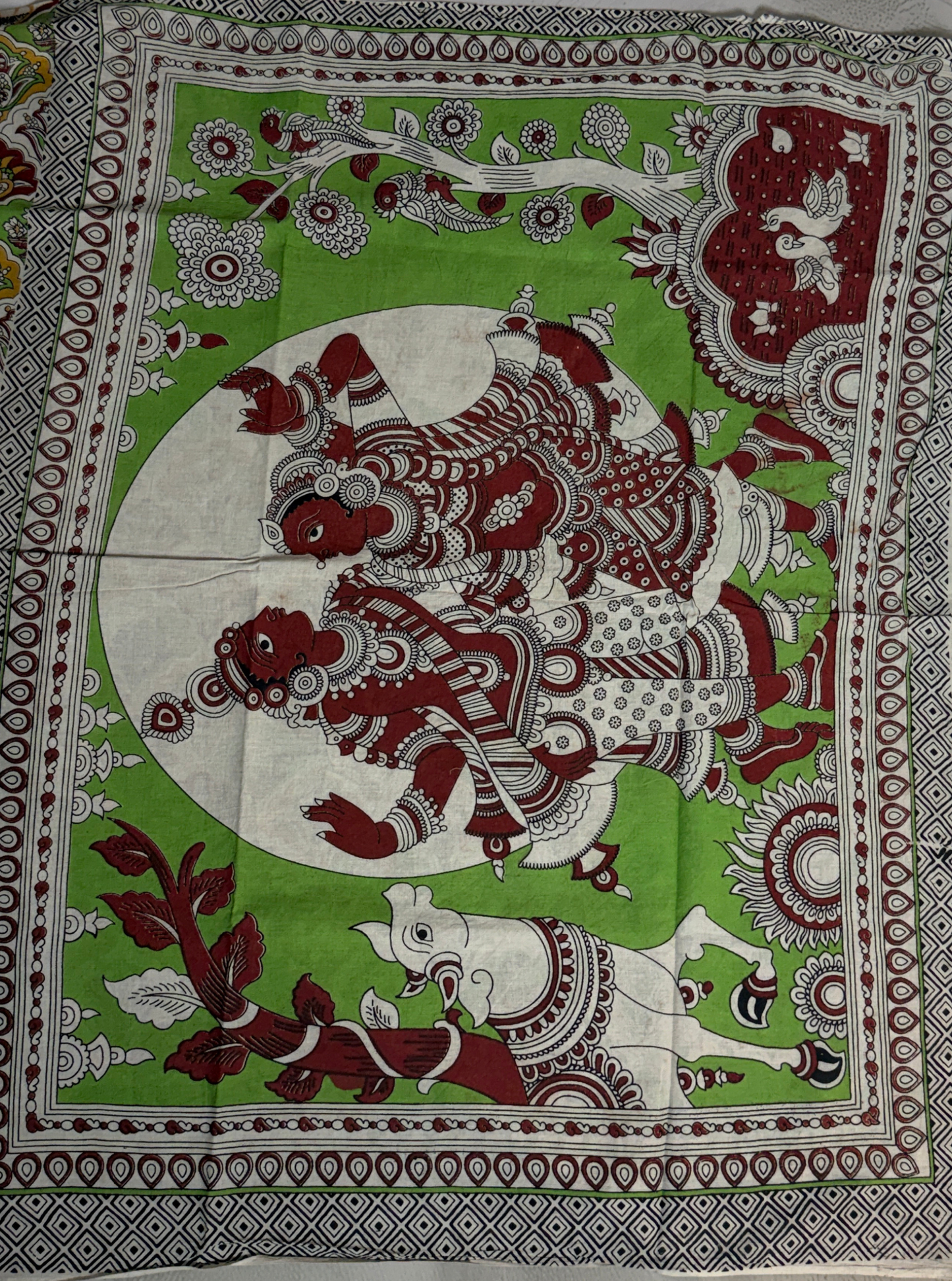 Ivory Cotton Kalamkari Saree with Floral Buta Prints & Green Border