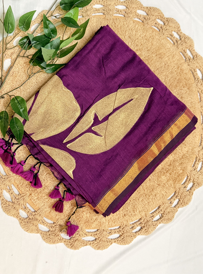 Regal Plum Mul Cotton Saree with Golden Leaf Design & Zari Border