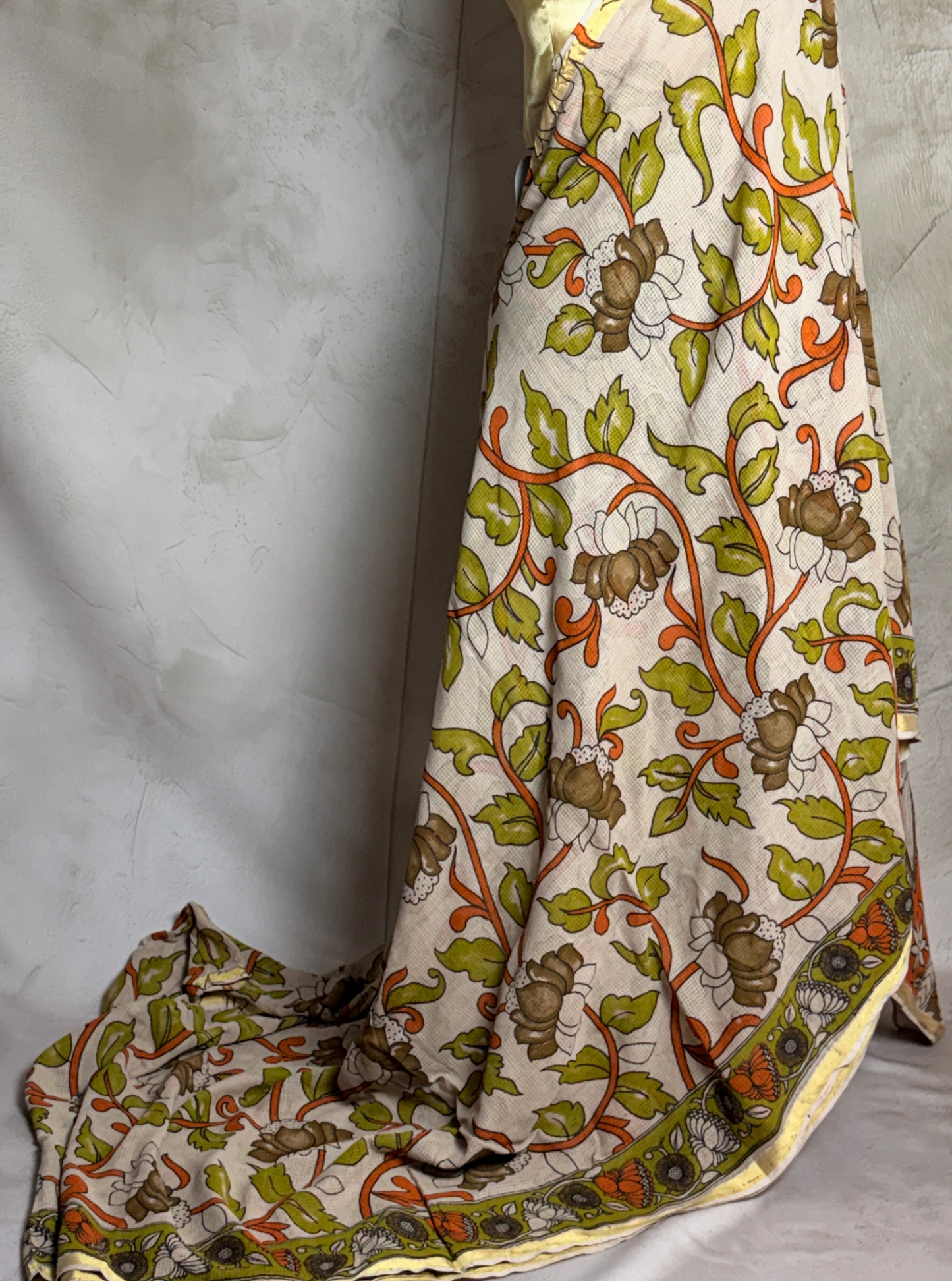 Ivory Kota Cotton Saree with Floral Vine Motifs & Olive Border