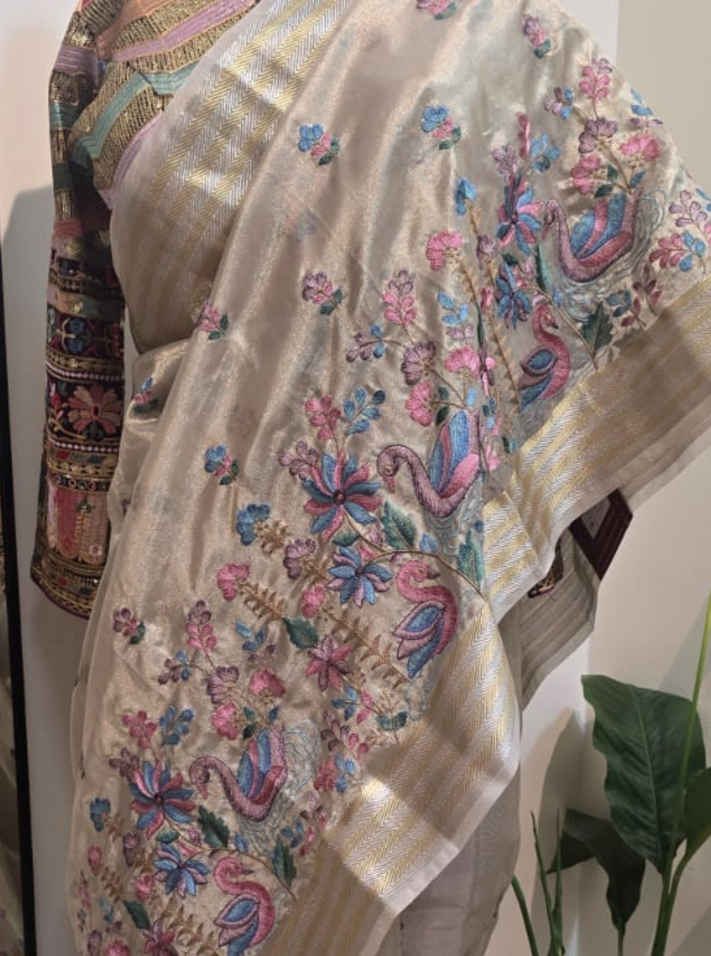 Elegant Beige Tissue Saree with Multicolor Floral Embroidery